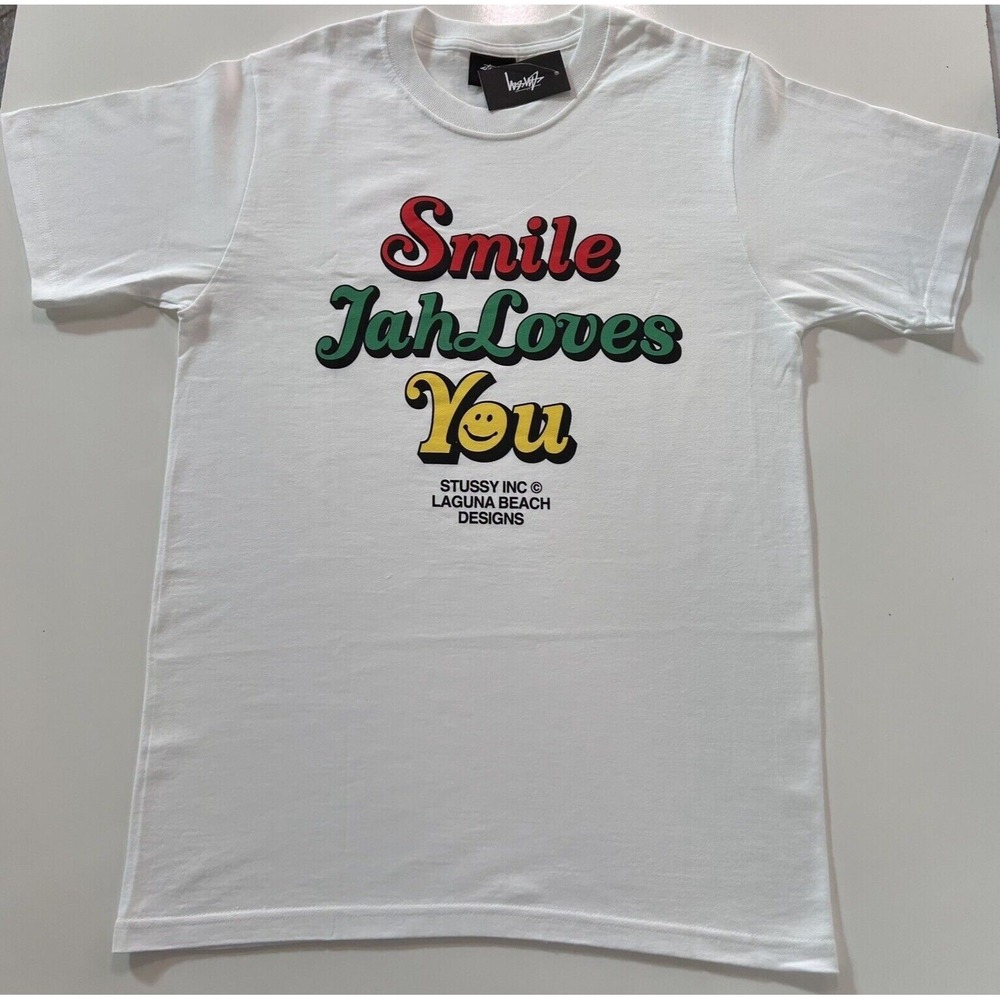NWT Stussy 'Smile Jah Loves You' T Shirt Large White Laguna Rasta Marley Jamaica